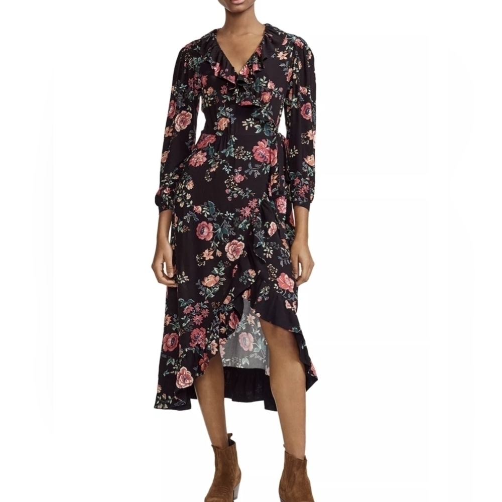 Maje Rosetina black Floral Ruffle Wrap Dress Size 1 / small Hi Lo